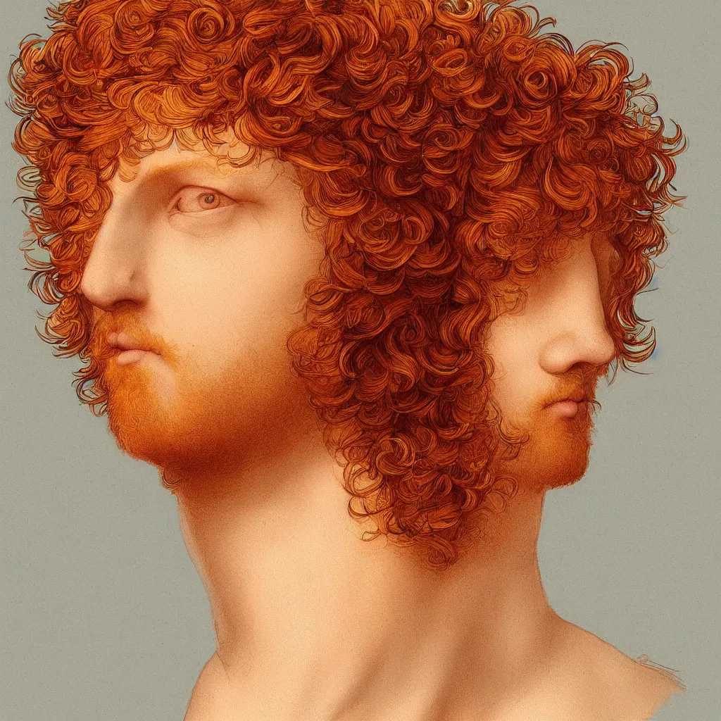 Image similar to illustration of a short curly orange hair man as a portrait, smooth, reflects, masterpiece artwork, ultra detailed, artgerm, style by leonardo da vinci, digital art, trending on artstation, behance, deviantart