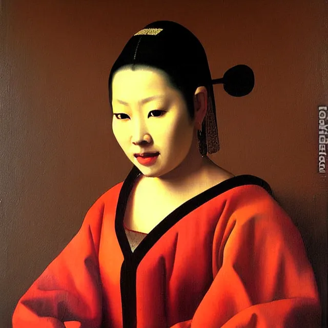 Image similar to a beautiful painting asian woman, by jan vermeer realistic oil painting