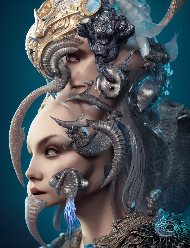 Image similar to 3 d goddess close - up profile portrait russian batman with ram skull. beautiful intricately detailed mask and weapon. betta fish, jellyfish phoenix, bio luminescent, plasma, ice, water, wind, creature, artwork by tooth wu and wlop and beeple and greg rutkowski