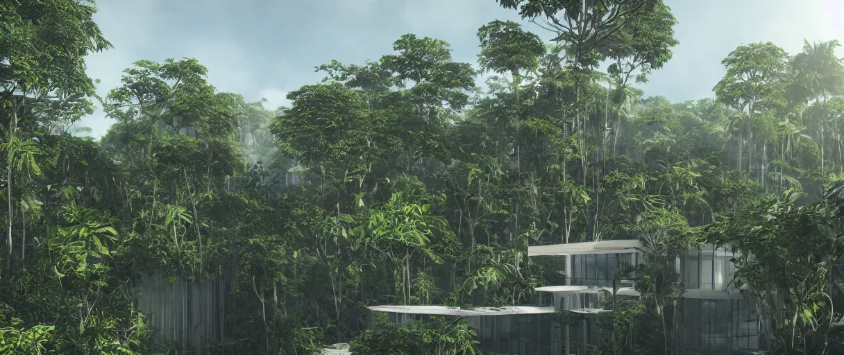 Image similar to architecture inspired by renzo piano deep in the rainforest. nature is taking over. matte painting. unreal engine 5 render. hdr. volumetric lighting. global illumination. atmospheric.