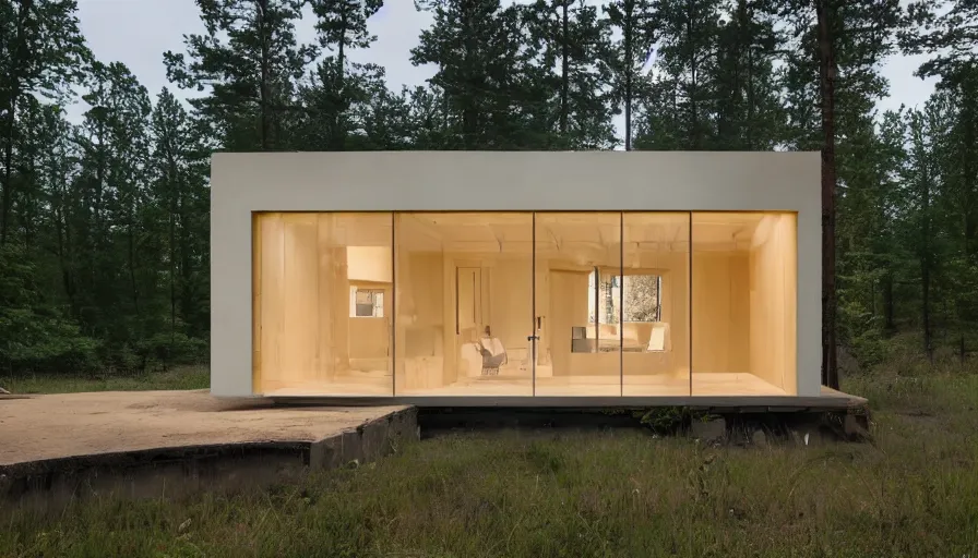 Image similar to A wide image of a full innovative contemporary prefab cabin with rounded corners, beveled edges, 3D printed line texture, made of cement, organic architecture, Designed by Gucci, Balenciaga, and Wes Anderson