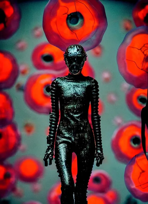 Image similar to walking down the catwalk, steven klein, ben watts, show, stage, vogue photo, podium, fashion show photo, iris van herpen, beautiful woman, perfect body, full body shot, helmet on face, masterpiece, guyver, jellyfish, biomechanical details, movie still, fauvism, cinestill, bokeh, gelios lens