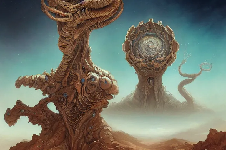 Prompt: a detailed painting of a alien desert rose creature by peter mohrbacher, ernst haeckel, desert mirage, mist, cinematic lighting, post apocalyptic, trending on artstation.