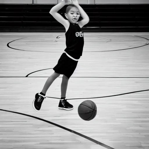 Prompt: a black and white photo of a kid shooting a basketball, mid shot, medium photography, camera angle from behind