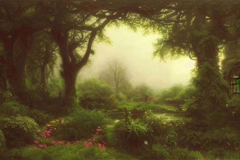 Image similar to secret garden, lush, floral, botanical, romanticism, dark, moody, hudson river school