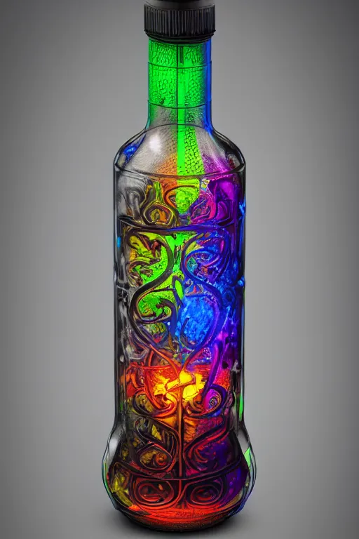 Image similar to photo of a rainbow colored filigran steampunk bottle, band merchandise, bandname is tripmachine, realistic digital art, label on the bottle is printed with a 3 d render of a huge futuristic steampunk generator, 8 k, fluorescent colors, halluzinogenic, multicolored, exaggerated detailed, unreal engine