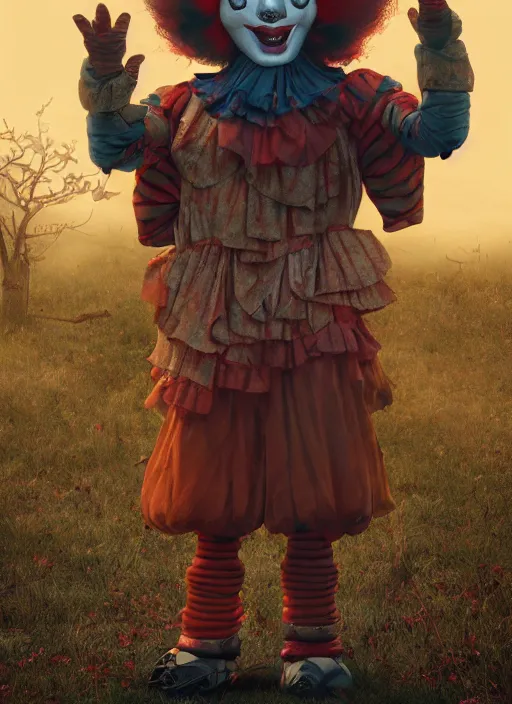 Image similar to Giant Clown from the movie IT as a robot abandoned on a dusky land, artistic pose, cinematic shot, intricate, ornate, photorealistic, ultra detailed, realistic, 100mm, photography, octane, high definition, depth of field, bokeh, 8k, artstation