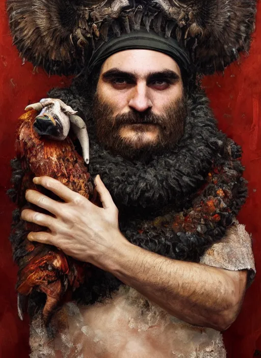 Image similar to a hyper detailed painting of joaquin phoenix surrounded by animals, cow horns, pig nose, sheep wool, chicken feather armor, horror, by anna podedworna, by miklos ligeti, by diego maricato, by taran fiddler, by antonino truisi, by chris reddie, by jinsung lim, trending on artstation