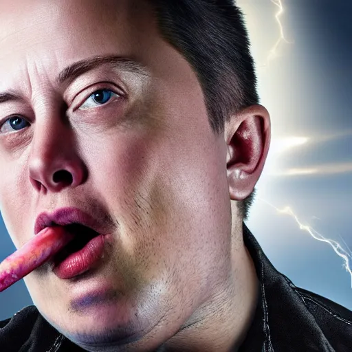 Image similar to stunning award winning hyperrealistic hdr 8 k highly detailed portrait photo of morbidly obese elon musk eating a rocket