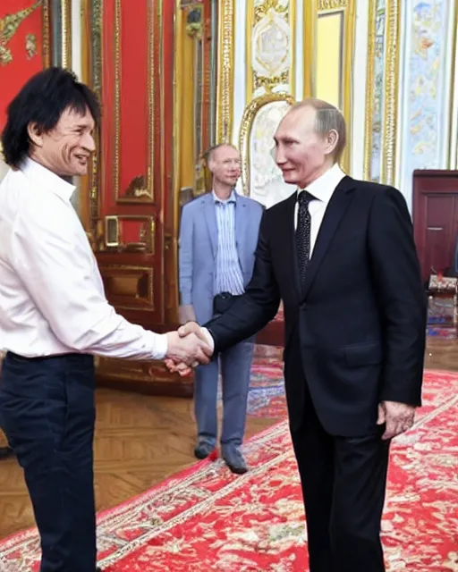 Prompt: sixty years old viktor tsoi with joyful look in a business suit shaking hands with vladimir putin in kremlin, mscow, color photo, in the style of documentary journalism, mid shot photo, digital photo, 4 k