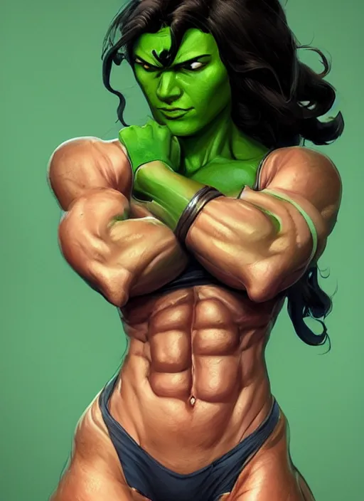 Prompt: shehulk portrait, hyper detailed, digital art, trending in artstation, cinematic lighting, studio quality, smooth render, unreal engine 5 rendered, octane rendered, art style by klimt and nixeu and ian sprigger and wlop and krenz cushart.