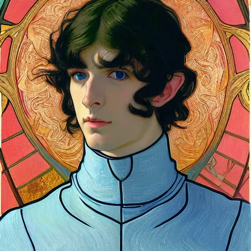 Image similar to portrait painting of young handsome beautiful paladin elf!! man with long! wavy dark hair and blue eyes in his 2 0 s named taehyung minjun james, pale, wearing armor!, gorgeous hair, elf ears, icy eyes, elegant, cute, delicate, soft facial features, art by alphonse mucha, vincent van gogh, egon schiele,