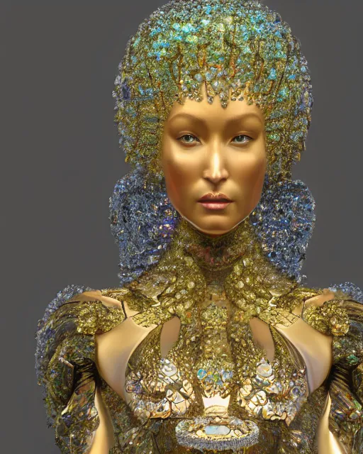 Image similar to a highly detailed metahuman 4 k close up render of an alien goddess bella hadid monument in iris van herpen dress schiaparelli in diamonds crystals swarovski and jewelry iridescent in style of alphonse mucha gustav klimt trending on artstation made in unreal engine 4