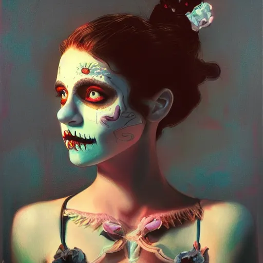 Image similar to portrait, day of the dead girl by petros afshar, hyper real, laurie greasley, jc leyendecker and singer sargent