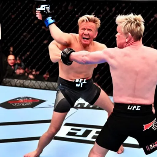 Prompt: Action photo of Gordon Ramsay submitting Putin in the UFC