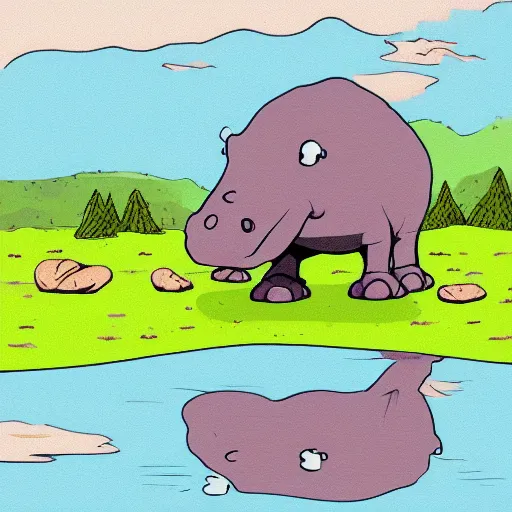 Image similar to sad hippo waking up in a beautiful river landscape, drawing by matt groening, trending on artstation