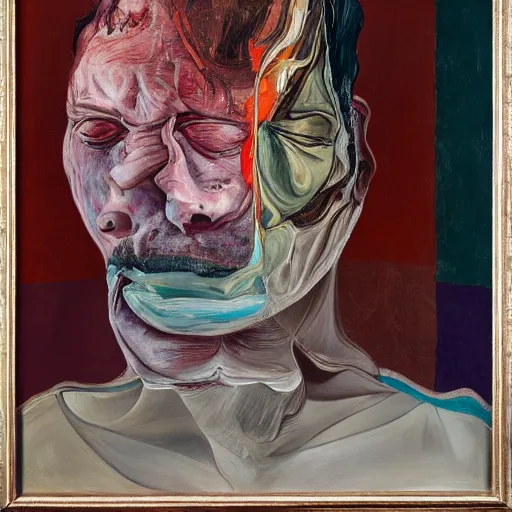 Image similar to high quality high detail painting of a depressed man by lucian freud and jenny saville and francis bacon and nicola samori, hd, anxiety, turquoise and orange and purple and pink and red