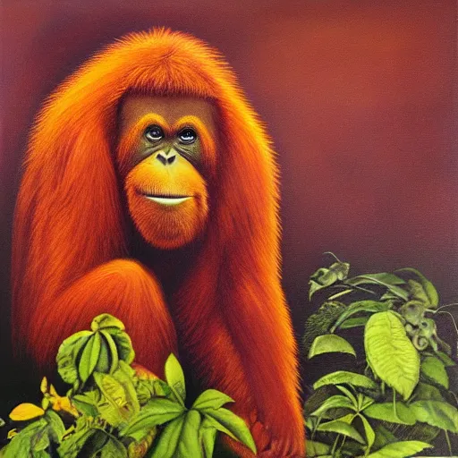 Prompt: orangutan 7 0 s progressive rock album cover, oil painting