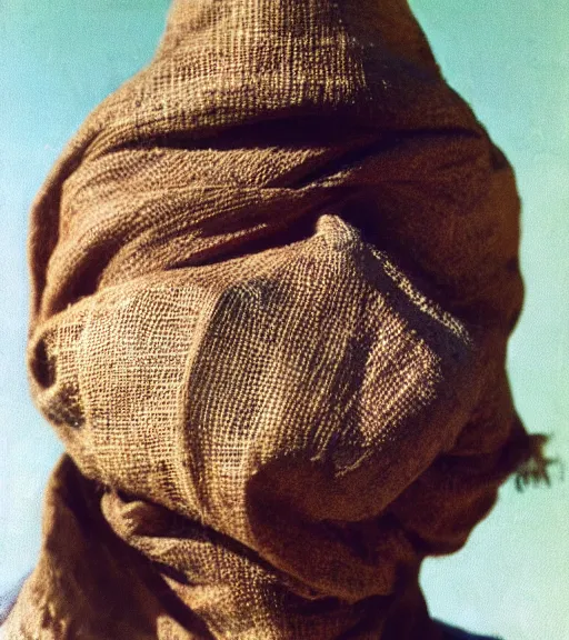 Image similar to person wearing burlap bag over head, vintage technicolor film photo, grainy, high detail, high resolution