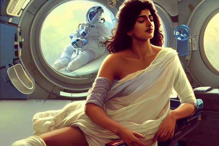 Image similar to Sensual good looking pale young Indian doctors wearing jeans asleep in a space station above Earth performing surgery, portrait, elegant, intricate, digital painting, artstation, concept art, smooth, sharp focus, illustration, art by artgerm and greg rutkowski and alphonse mucha