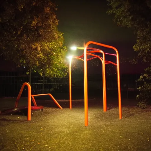 Image similar to a playground at night with only one orange light, creepy, found footage