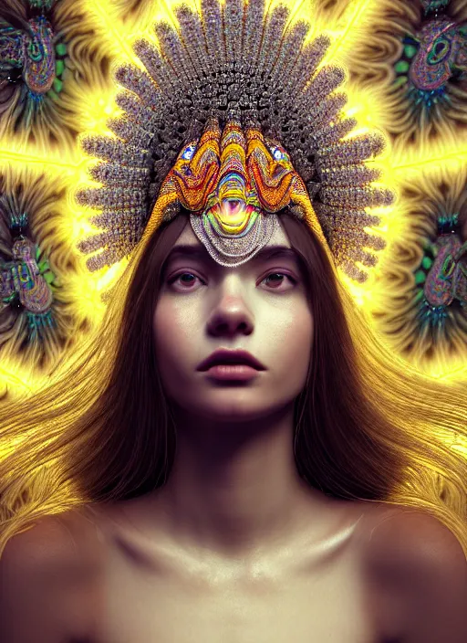Prompt: absurdly beautiful, fashionable young woman with clear white skin, wearing a headdress made from diamonds and gold, in the fourth dimension, psychedellic, ayahausca, tryptamine, hyperdetailed illustration by irakli nadar and alexandre ferra, intricate linework, unreal engine 5 highly rendered, global illumination, radiant light, detailed and intricate environment