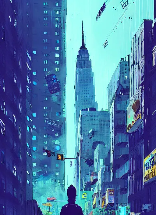 Image similar to kaiju in new york, blue building in the background, art by ismail inceoglu