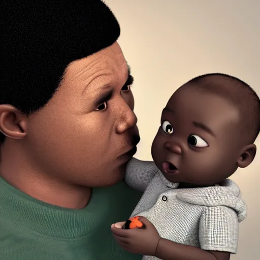 Image similar to black baby held by shocked asian man who cannot believe his eyes, award winning art, pixar, 3 d render, unreal engine