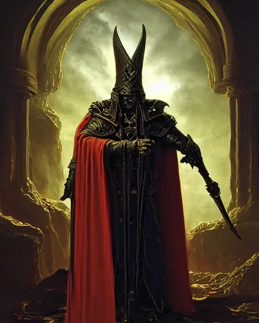 Image similar to a dark mage. he is wearing mage armor and a crown. he is frowning seriously. he is preparing to cast a dark spell. he is standing in a wizards room. award winning realistic oil painting by thomas cole and wayne barlowe