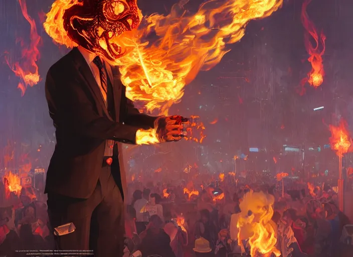 Image similar to a man wearing a suit, wearing a flaming carnival mask made of fire, emitting smoke and sparks, fantasy, cinematic, fine details by realistic shaded lighting poster by ilya kuvshinov katsuhiro otomo, magali villeneuve, artgerm, jeremy lipkin and michael garmash and rob rey