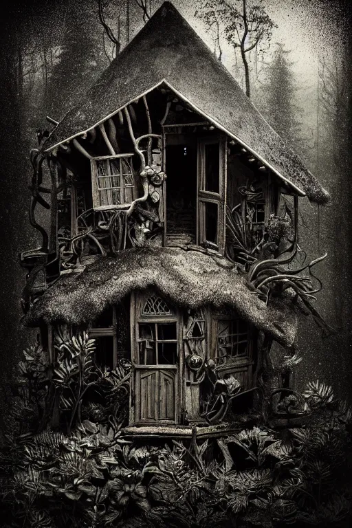 Prompt: a wet plate photograph of a ramshackle multistory fairytale hut in the forest, intricate, elegant, fantasy, highly detailed, overcast lighting, sharp focus