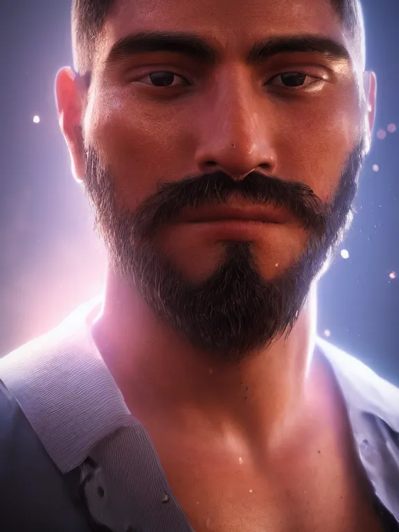 Image similar to portrait art of a very handsome Peruvian man, 8k ultra realistic, lens flare, atmosphere, glow, detailed,intricate, full of colour, cinematic lighting, trending on artstation, 4k, hyperrealistic, focused, extreme details,unreal engine 5, cinematic, masterpiece