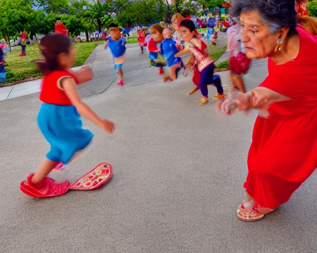 Image similar to Hispanic Granny In A Red MuMu Throwing A Slide Sandal At A Bunch Of Kids Running Away From Her, Detailed, Anime Style, Manga Style, 8K, HDR, San Antonio Texas Cityscape Sunset, HDR, volumetric lighting, Birds Eye View, Hyperrealistic-H 960