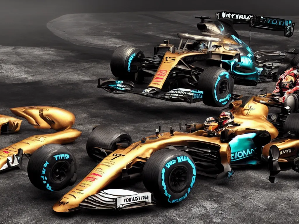 Prompt: A hyper realistic photo of Lewis Hamilton standing on his F1 car after winning a race, golden glow, cyberpunk, detailed, octane render, 8k,