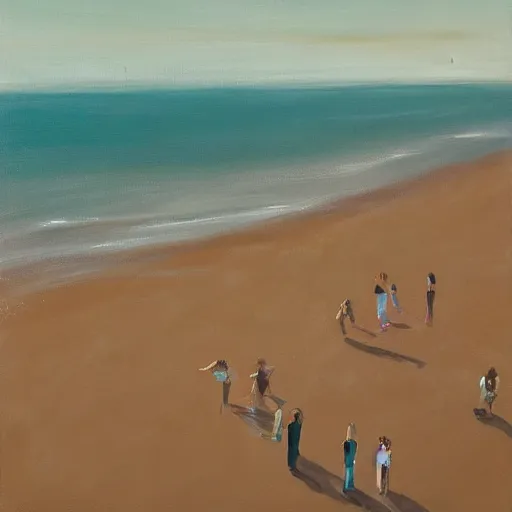 Image similar to a birdseye painting by Sally West of sparse people on a beach from high above, featured on tumblr, action painting, oil on canvas, painterly