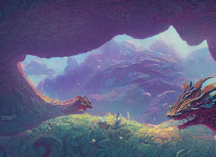 Image similar to psychedelic concept art of a dragon landscape made of thousands of spiraling dragons, cel shaded, in the style of makoto shinkai and moebius and peter mohrbacher and anton fadeev