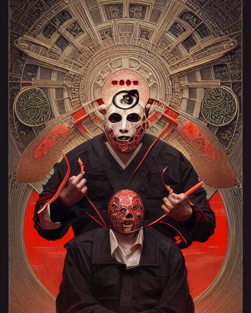 Prompt: portrait of slipknot band, bian lian, traditional chinese art, intricate, elegant, highly detailed, symmetry, digital painting, artstation, concept art, smooth, sharp focus, illustration, art by artgerm and greg rutkowski and alphonse mucha, 8 k