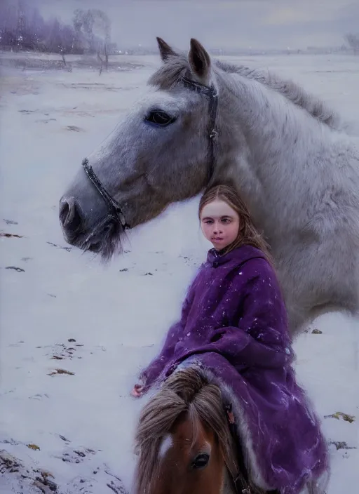 Image similar to portrait of a nordic girl with violet eyes in a snowy tundra, the girl with violet eyes has a horse. by Daniel F. Gerhartz, hyperrealistic oil painting, 4k, very detailed faces, studio lightning