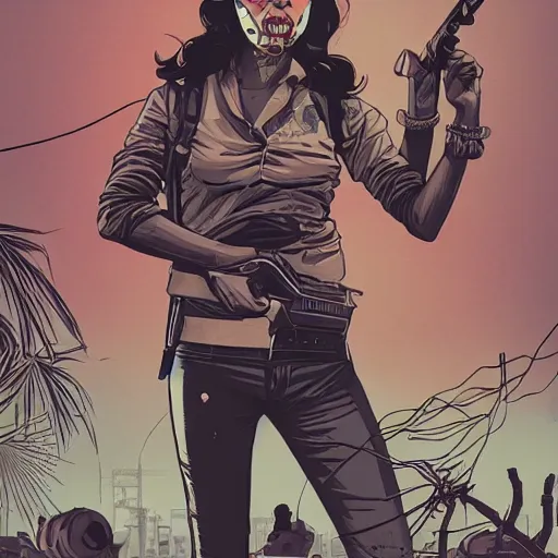 Prompt: a comic noir illustration of a woman hunting zombies in a post - apocalyptic desert, by queens of the stone age, by sachin teng, by tristan eaton, by victo ngai, artgerm, rhads, ross draws, 8 k, hyperrealistic, high contrast, dark vibes, pastel lighting, depth of field