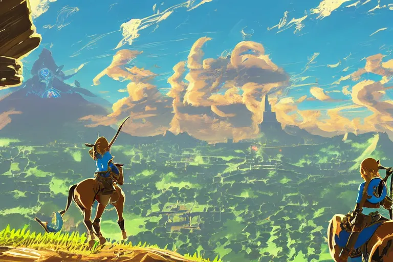 Image similar to detailed scenery from the legend of zelda breath of the wild, breath of the wild art style, 4 k.