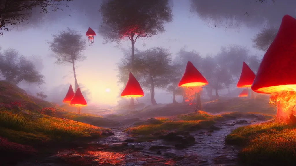 Prompt: fantasy red toadstool cottages world suspended in the air, foggy atmosphere, volumetric lighting, fantasy artwork, very beautiful scenery, hd, hdr, unreal engine 5, cinematic 4k wallpaper, 8k, ultra detailed, high resolution, artstation