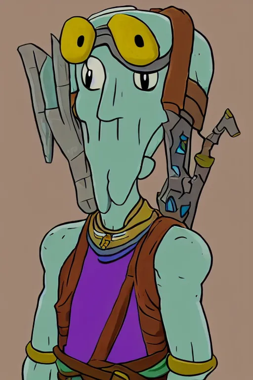 Image similar to an in game portrait of squidward from the legend of zelda breath of the wild, breath of the wild art style.