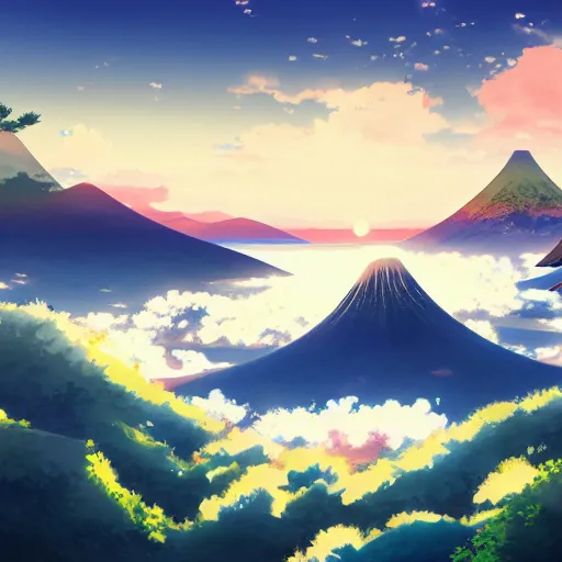 Image similar to A beautiful painting of japan coast with mountains ,Anime ,nature ,illustration, Nature wallpaper, Bright and airy, Aerial, Makoto shinkai ,Trending on artstation