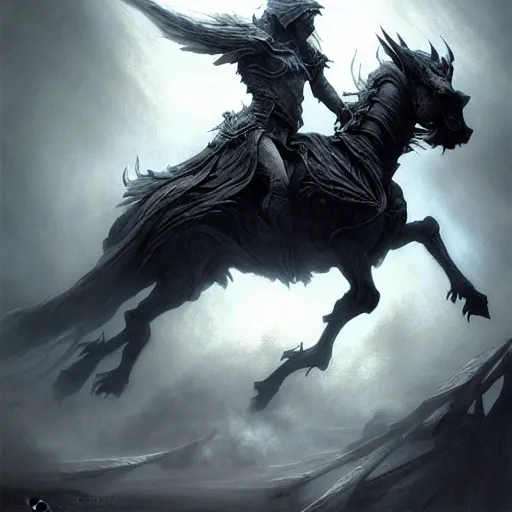 Image similar to concept art by artgerm, death of the four horsemen of the apocalypse, soft grey and blue natural light, intricate, queen of death riding, highly detailed dark art, digital painting, artstation, concept art, smooth, sharp focus, illustration, art by greg rutkowski and luis rollo and uang guangjian and gil elvgren, symmetry!