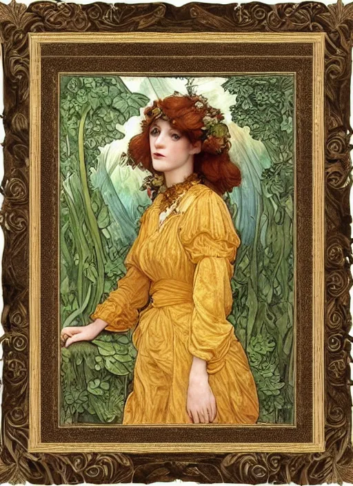 Image similar to masterpiece beautiful seductive flowing curves pose preraphaelite portrait photography, straight bangs, thick set, yellow ochre ornate medieval dress, mushroom forest arch, amongst foliage, william morris and kilian eng and mucha, framed, 4 k