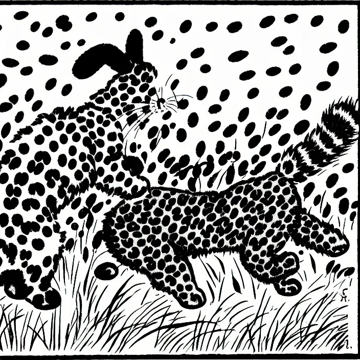 Prompt: a still frame from comic strip, black fluffy leopard dancing with rabbit in a field 1 9 5 0, silhouette, herluf bidstrup, new yorker illustration, monochrome contrast bw, lineart, manga, tadanori yokoo, simplified,