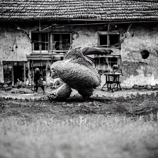 Image similar to Giant automoton chicken destroying a village (1942), Canon EOS R3, f/1.4, ISO 200, 1/160s, 8K, RAW, unedited, symmetrical balance, in-frame