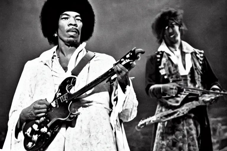 Image similar to jimi hendrix as topol in fiddler on the roof