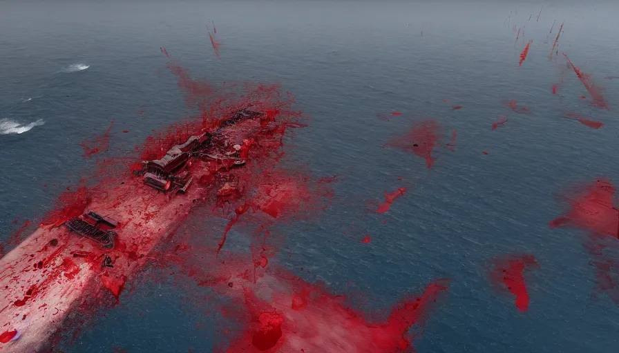 Image similar to cruise ship sinking in blood sea, hyperdetailed, artstation, cgsociety, 8 k