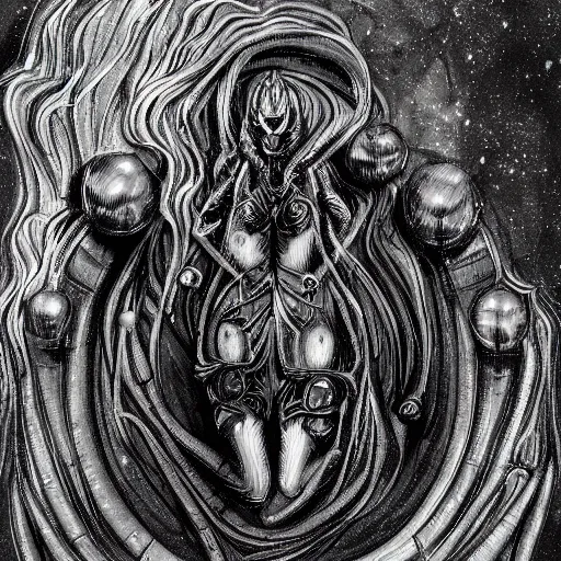 Image similar to detailed black and white science fiction painting of my little pony in the style of h r giger and wayne barlowe